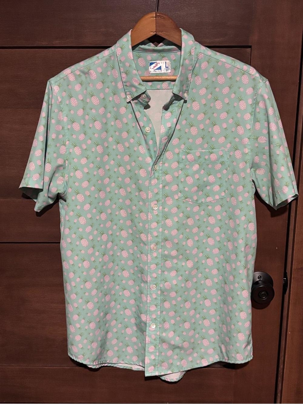 Men's Mint Green Short-Sleeve Button-Down Shirt with Pink Pineapple Print